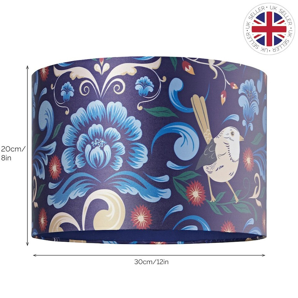 image 1 of Vivid Floral Midnight Blue Satin Fabric 12" Drum Lamp Shade with Bird Decoration