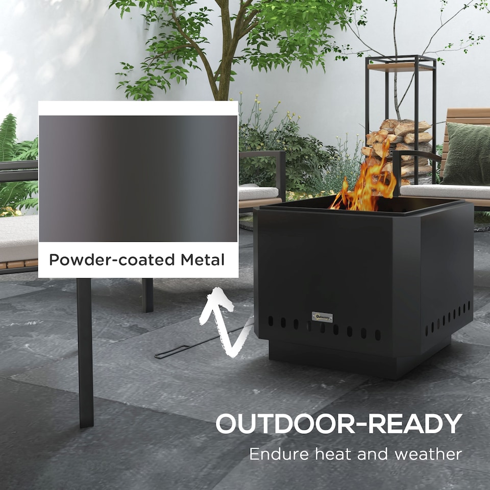 image 1 of Outsunny Smokeless Portable Fire Pit, Square Metal Bonfire Stove, Black