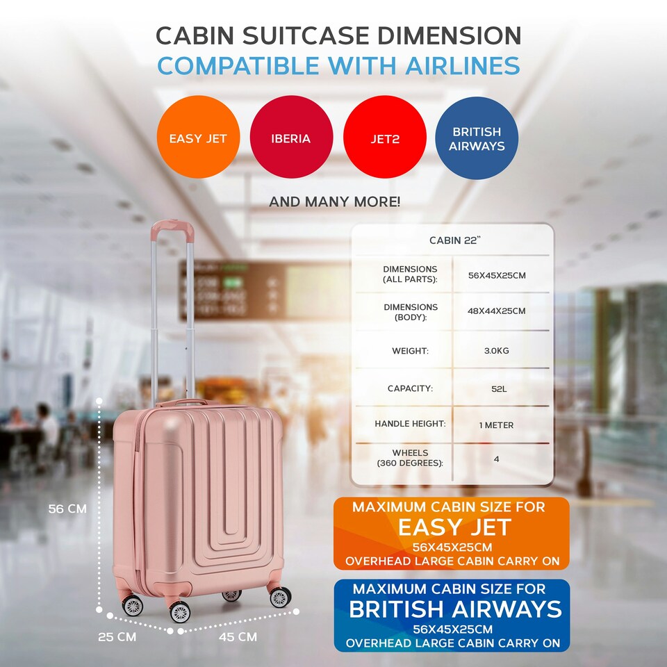 image 1 of Flight Knight Premium Hard Shell Lightweight Cabin Suitcase - 8 Spinner Wheels - Built-in TSA Lock & USB Port - easyJet Large Cabin Approved - 56x45x25cm Pink | Rose Gold | Cabin Bag