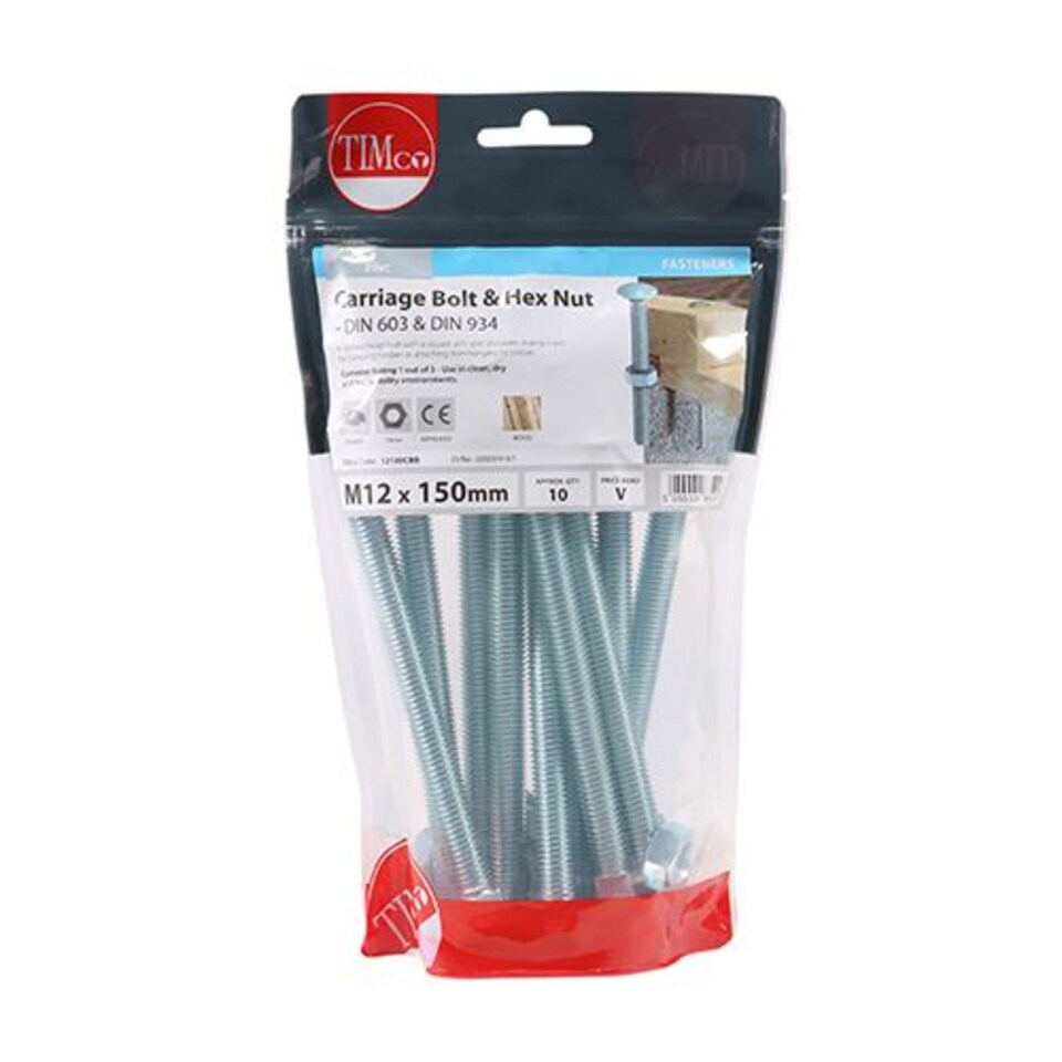 image 1 of Timco - Carriage Bolts & Hex Nuts - Zinc (Size M12 x 150 - 10 Pieces)