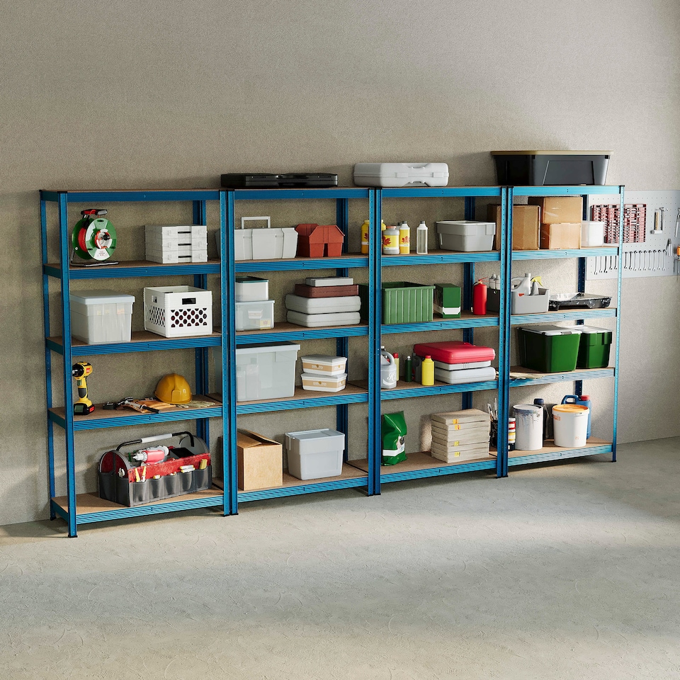 image 1 of Home Vida 5 Tier Large Heavy Duty Adjustable Steel Garage Shelving, Blue - Holds 875kg - (Set of 4) | Blue | Blue | Large
