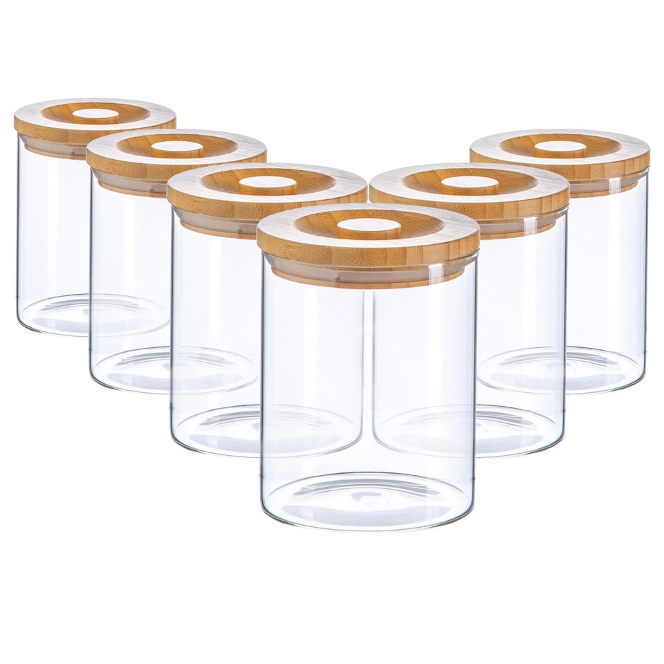image 1 of Argon Tableware Glass Storage Jars - Carved Wood Lid - 750ml - Modern Round Scandi Organisation Container Glass Jar - Set of 6