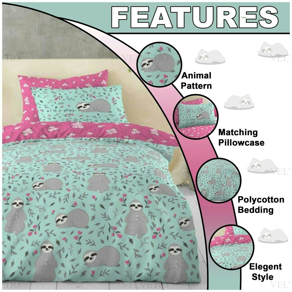image 1 of VELVETIO Kids Sleepy Sloth Duvet Cover Set Soft Polycotton Beddings Multi | Single