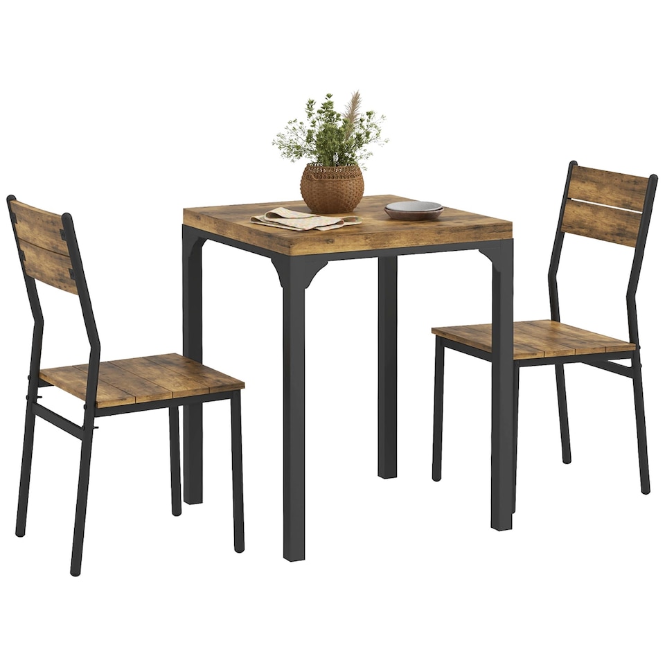 image 1 of HOMCOM 3 Pieces Compact Dining Table 2 Chairs Set Wooden Metal Legs Bistro Cafe Kitchen Breakfast Bar Home Furniture, Rustic Brown | Brown