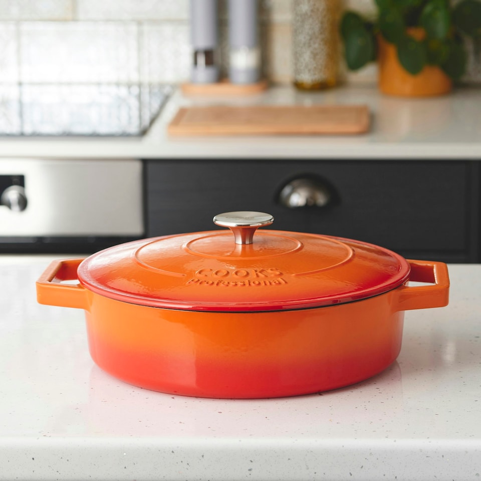 image 1 of Cooks Professional Cast Iron Casserole Set of 2 | 20cm and 28cm | Enamelled Inside and Out | Graduated Orange