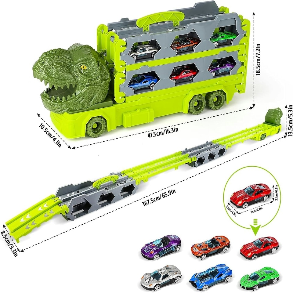 image 1 of Portable Dinosaur Race Track Truck Toy Car Transport Carrier Play Set with 6 Racing Cars – Educational and Storage Toy for Kids