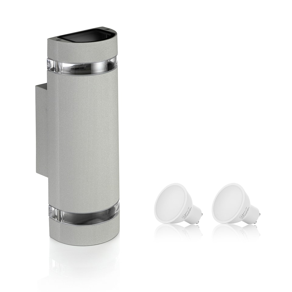 image 1 of Auraglow Outdoor Double Up & Down Wall Light - ELTON | Silver | Silver/Warm White