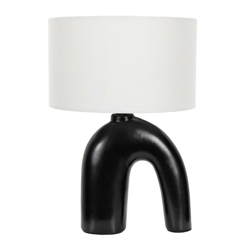 image 1 of ValueLights Lia White Fabric Drum Lamp Shade Black Arch Abstract Ceramic Table Lamp Black