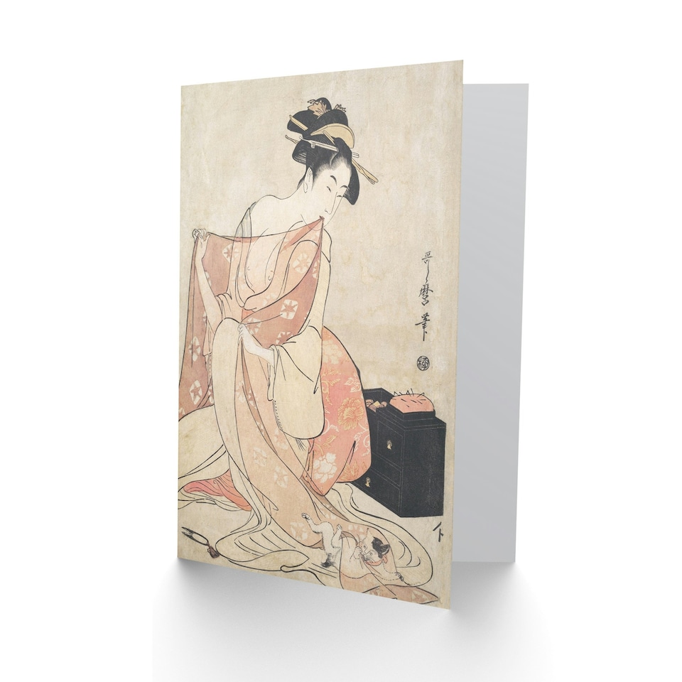 image 1 of Utamaro Kitagawa Art Card Woman And Cat Vintage Japanese