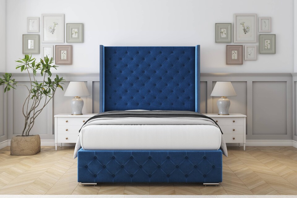image 1 of Sloomy Arundel Navy Plush Bed Frame With 50"  Upholstered Wingback Headboard 2'6 Small Single