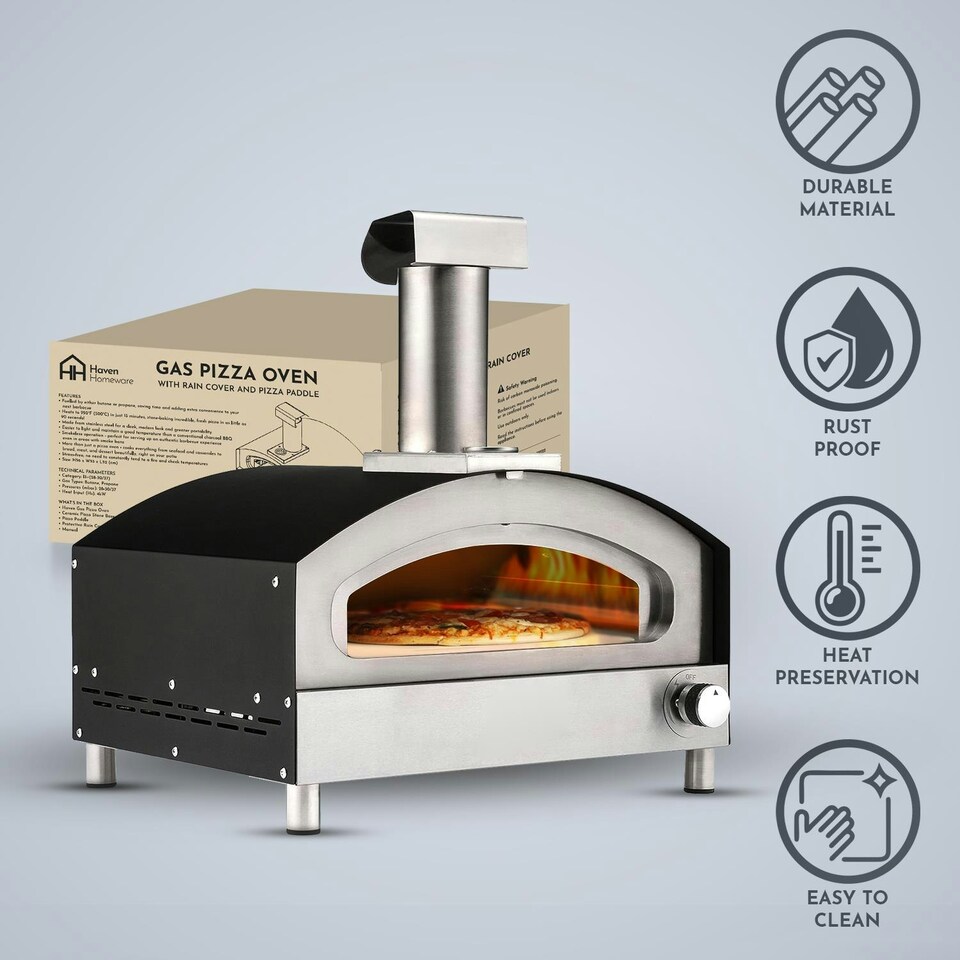 image 1 of Haven Gas Powered 13" Pizza Oven w/ Pizza Stone Base & Pizza Paddle Black/Silver