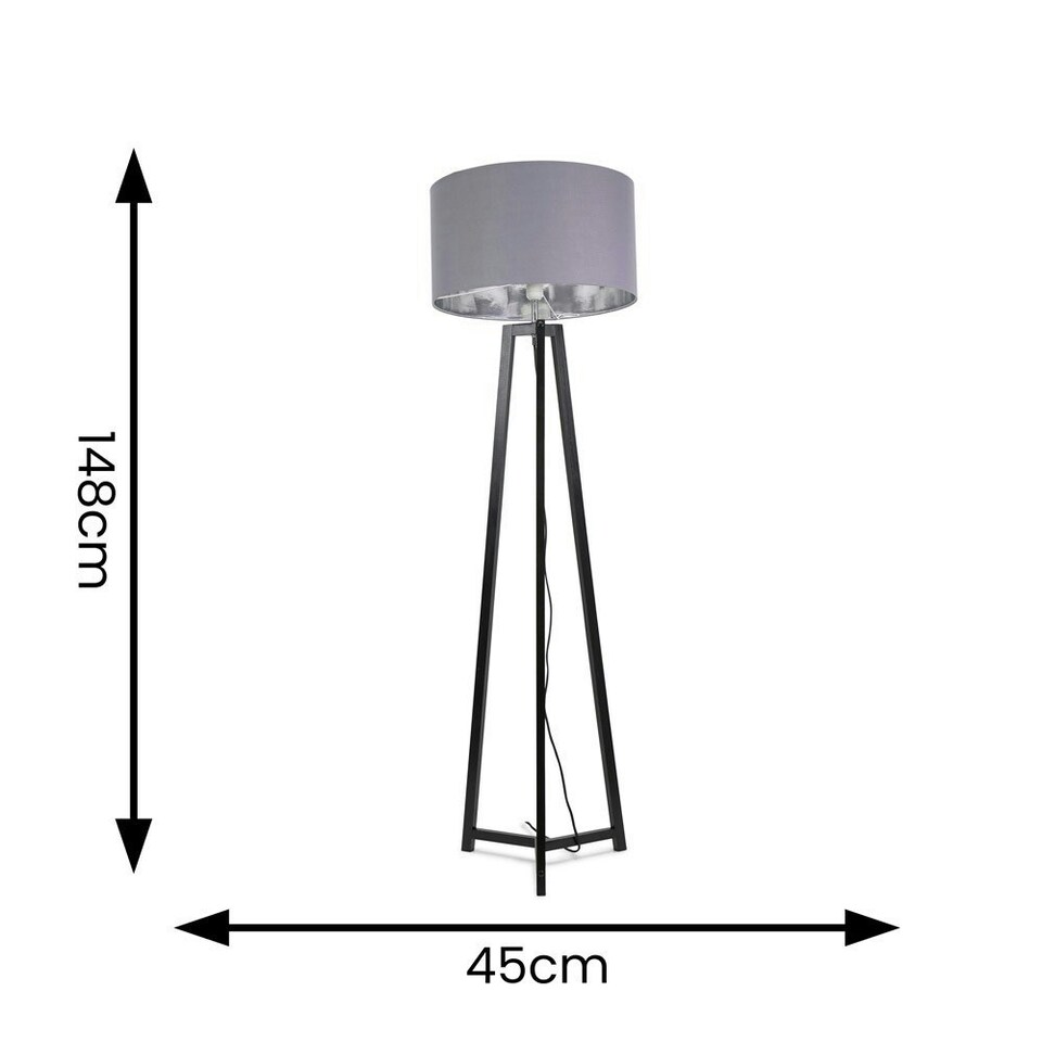 image 1 of ValueLights Lottie Black Wood Tripod Floor Lamp with Grey and Chrome Drum Shade | Grey