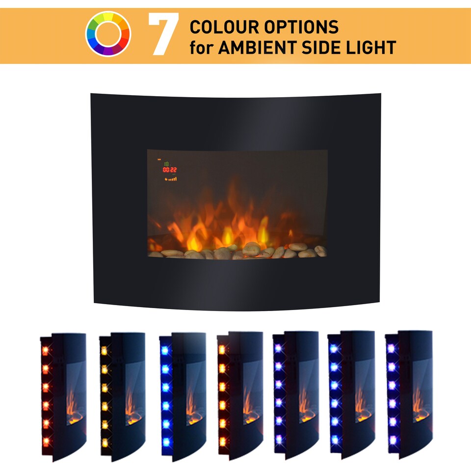 image 1 of HOMCOM Led Wall Mounted Fireplace Curved Glass Electric Fire Place Fire Place 7 Colour Side Lights Slimline, 9001800W, 65cm  52cm