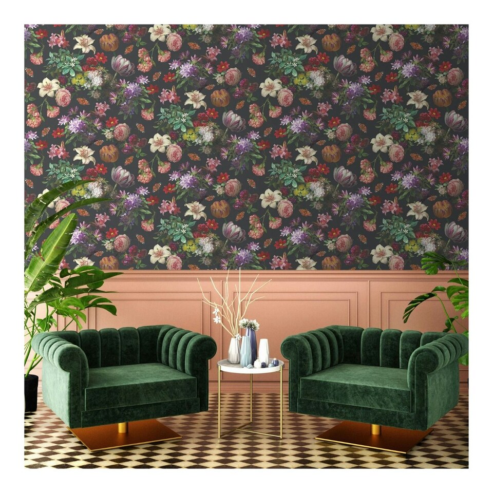 image 1 of World of Wallpaper Brigette Floral Wallpaper - Black/Multicoloured - 10m x 52cm Black
