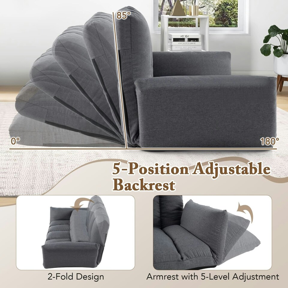 image 1 of COSTWAY Foldable Floor Sofa Upholstered Recliner Chair Grey