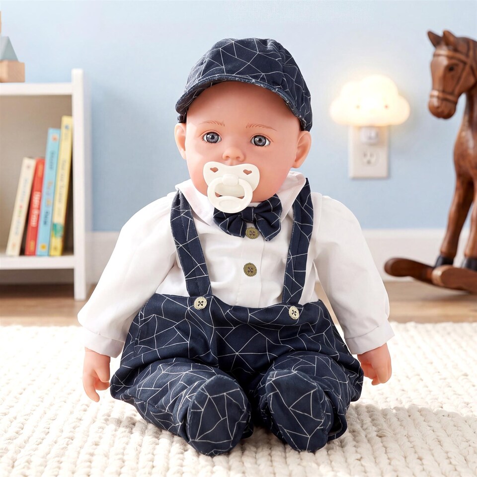 image 1 of BiBi Doll 20" Pebble Baby Doll Boy with Formal Bow Tie Outfit, Sounds & Dummy Toy