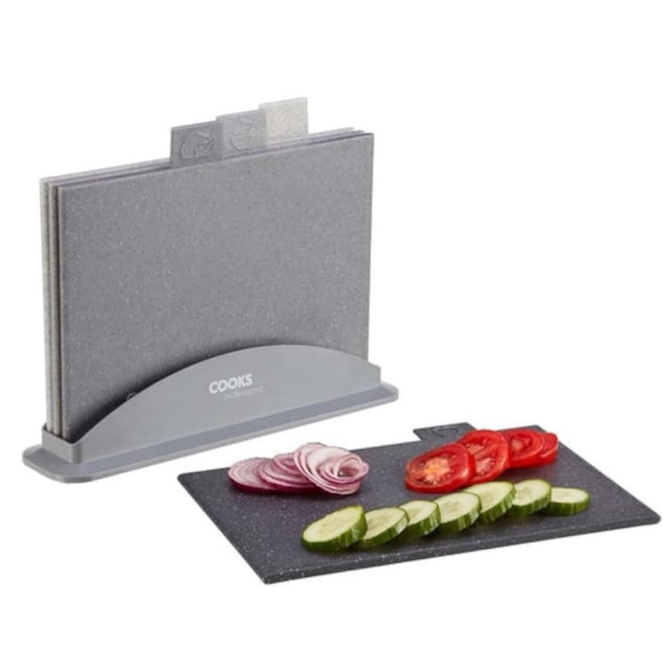 image 1 of Cooks Professional Set of 4 Granite Effect Index Chopping Boards with Stand