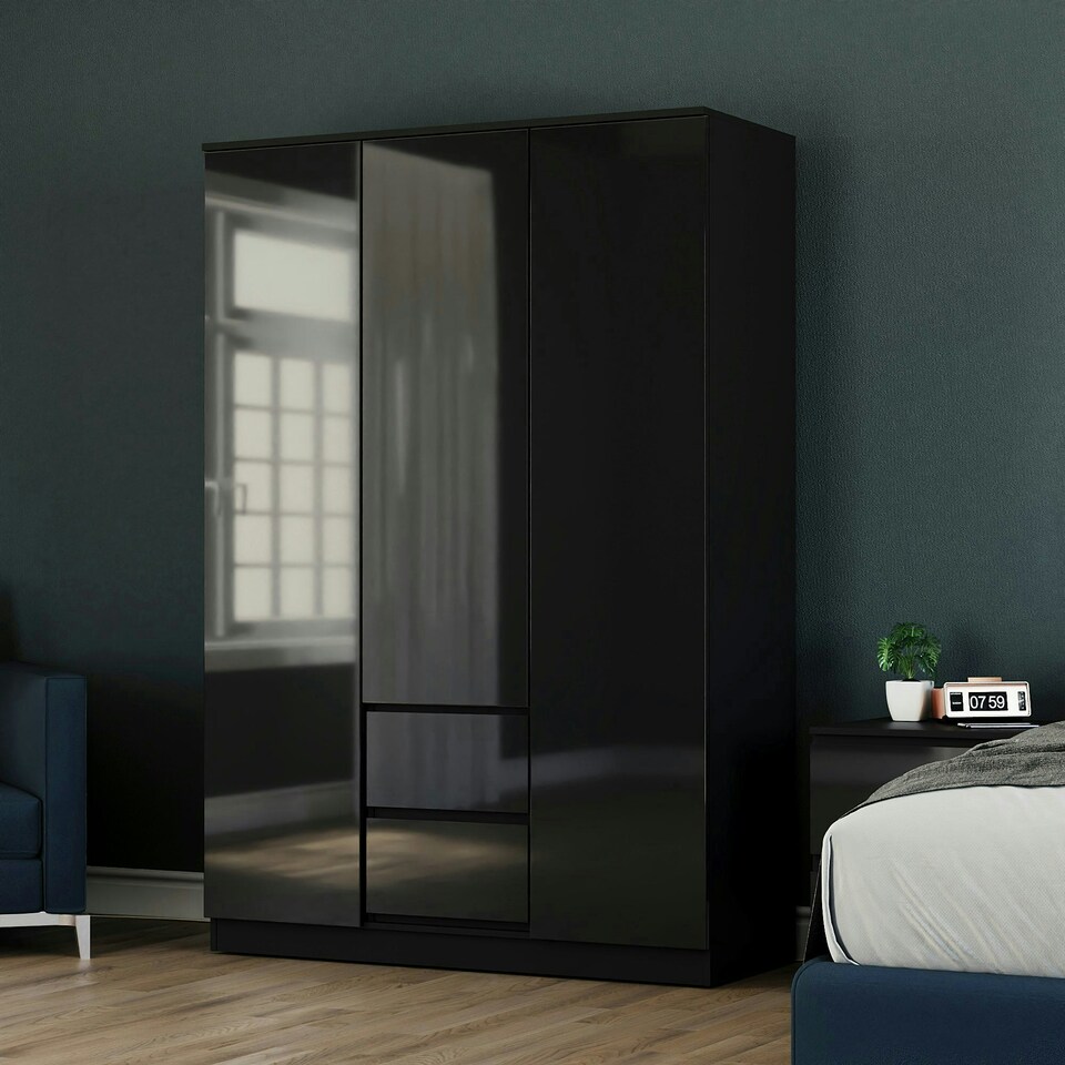 image 1 of Vida Designs Glinton 3 Door 2 Drawer Wardrobe High Gloss Doors With Shelf & Clothes Rail, 100% FSC, Black