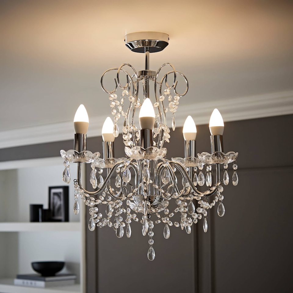 image 1 of ValueLights 5 Way Silver Chrome Ceiling Light Chandelier With Lead Crystal Droplets | Chrome