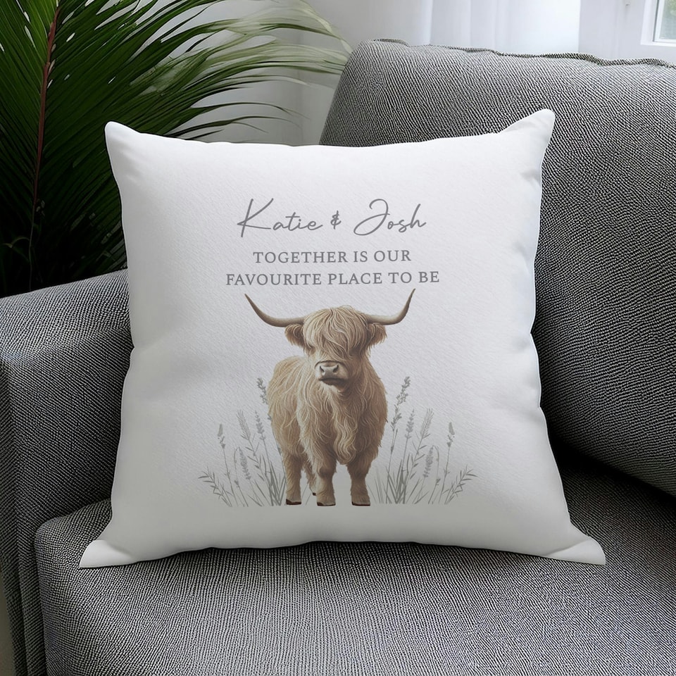 image 1 of Personalised Highland Cow Cushion | White