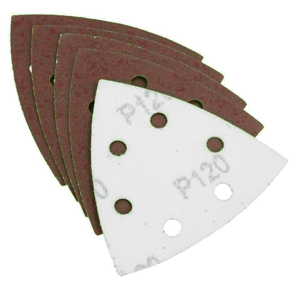 image 1 of Hook Loop Delta Sanding Abrasive Discs Pads 93mm Triangle 120 Grit Fine 200pc