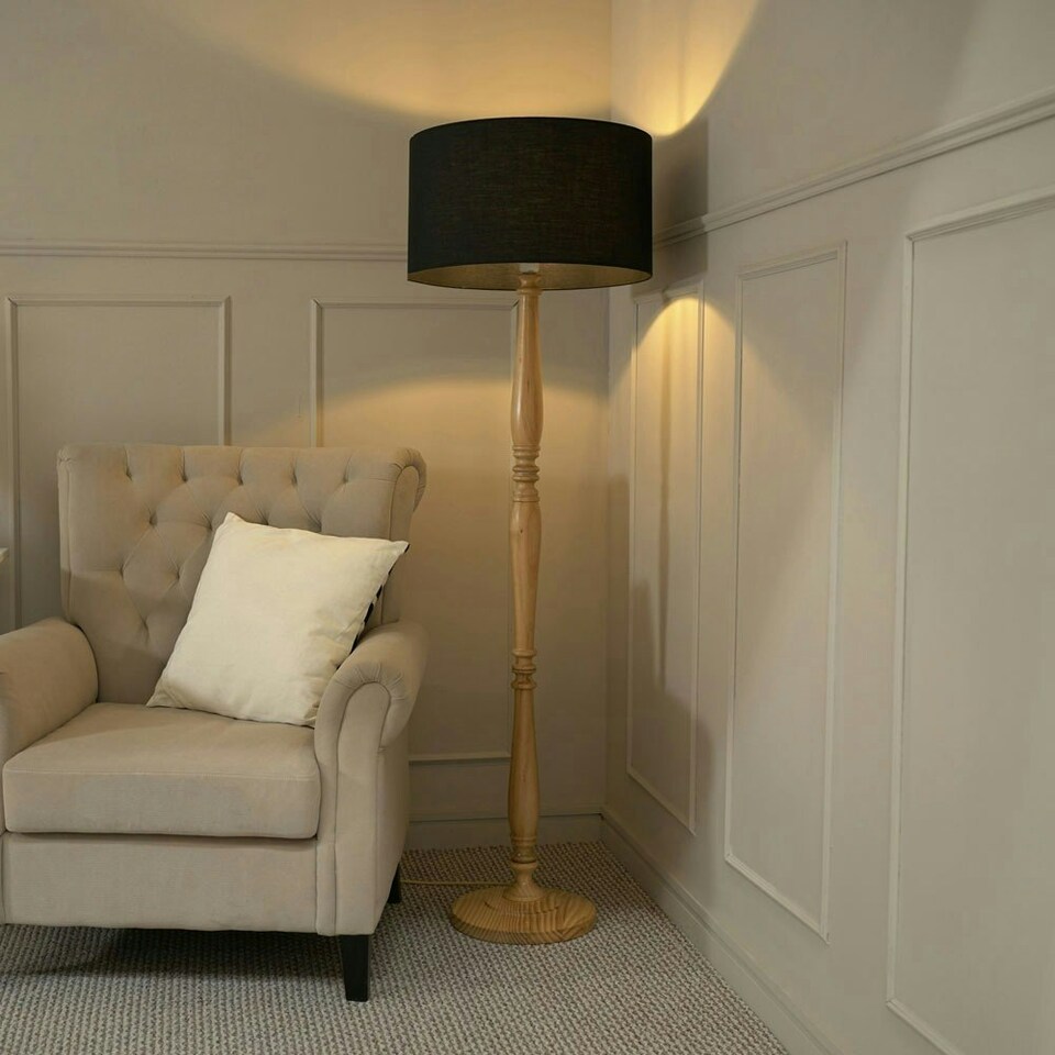 image 1 of ValueLights Victoria Light Wood Traditional Stem Floor Lamp with Black Fabric Drum Shade and LED Bulb