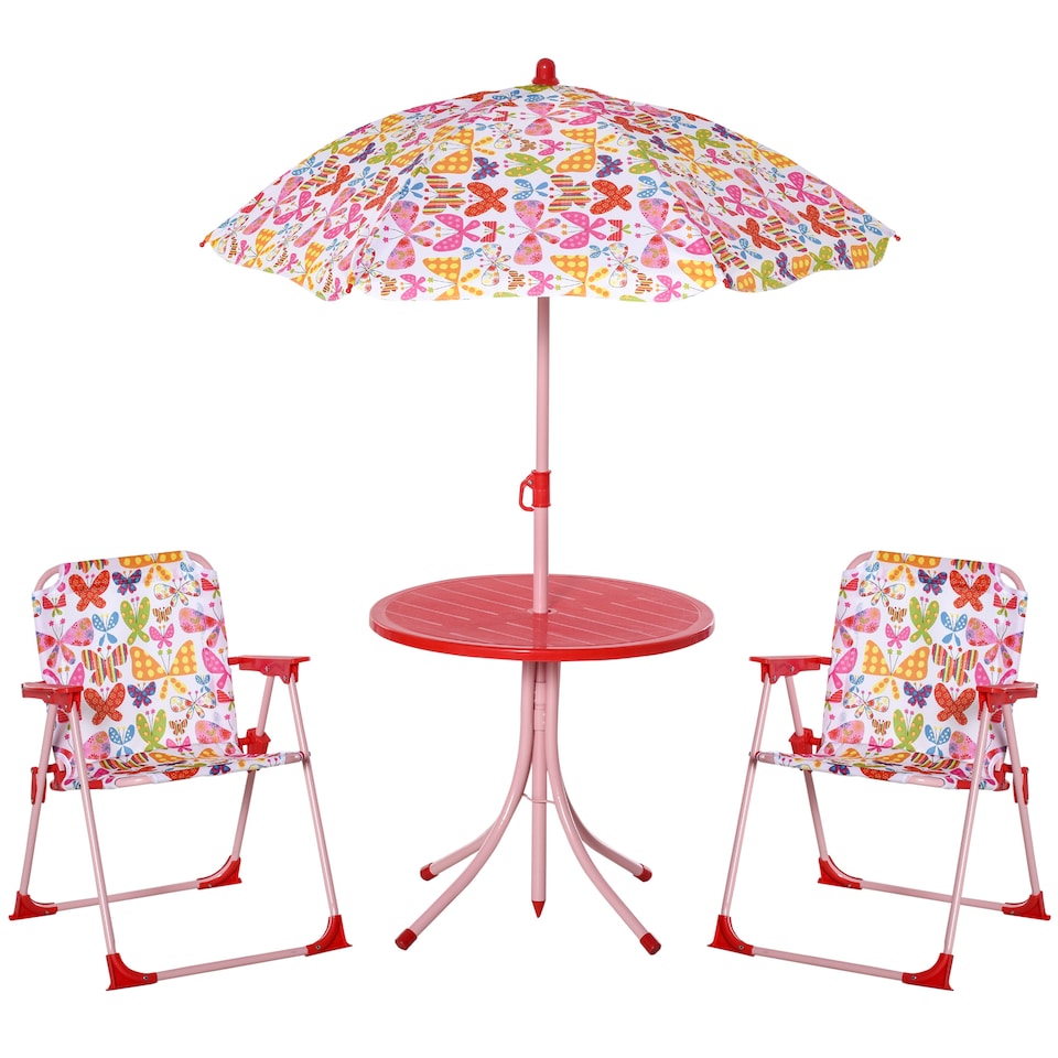image 1 of Outsunny Kids Folding Picnic Table Chair Set Butterfly Pattern Outdoor Parasol