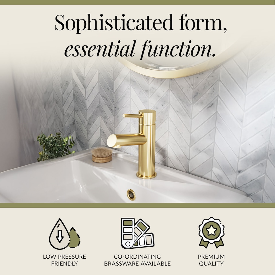 image 1 of Balterley Nova Modern Bathroom Mono Basin Mixer with Coordinating Push Button Waste | Copper | Brushed Brass | 1