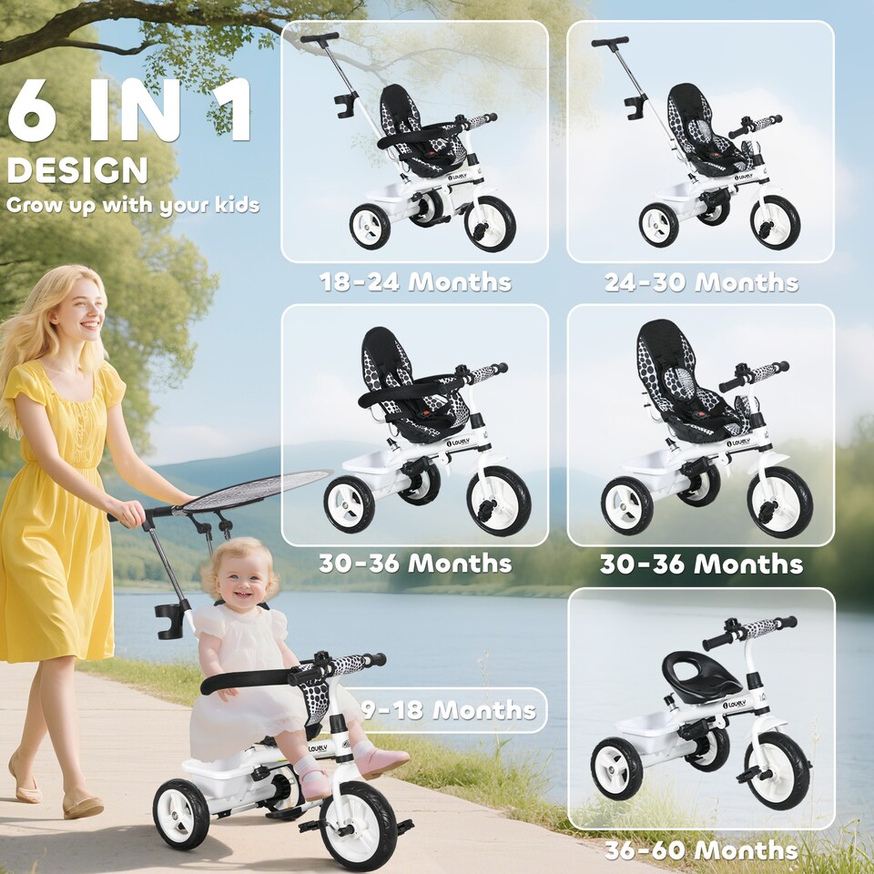 image 1 of HOMCOM Trike, 6 in 1 Tricycle for Kids, Baby Trike with Push Handle, Removable Canopy, 5-Point Seat Harness, Storage Basket, for 18Months -5 Years, White