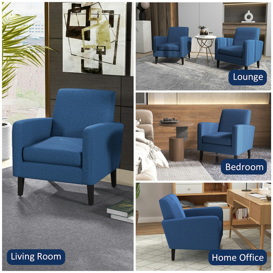 image 1 of HOMCOM Modern Armchair Accent Chair with Rubber Wood Legs for Bedroom Blue