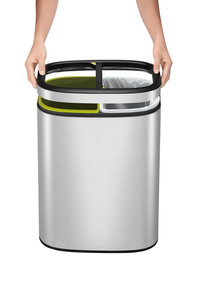 image 1 of EKO Oli-Cube 10L Open Top Recycling Bin 5+5 Litre, Modern Home Bathroom & Office Waste Bin, Stainless Steel