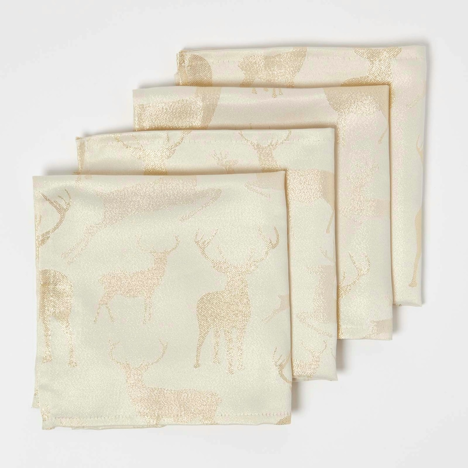 image 1 of Homescapes Gold Stag Christmas Napkins - Set of 4 | Multi | One Size | 1