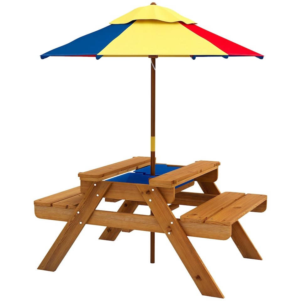 image 1 of Outsunny Kids Picnic Table Set w/ Sand and Water, Removable Parasol - Brown