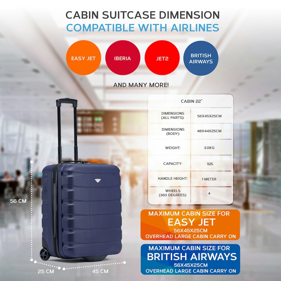image 1 of Flight Knight Lightweight 2 Wheel ABS Hard Suitcases Cabin Carry On Hand Luggage Over 100 Airlines British Airways, Ryanair & easyJet Free Carry On 40x20x25cm Blue | Navy | Cabin Bag
