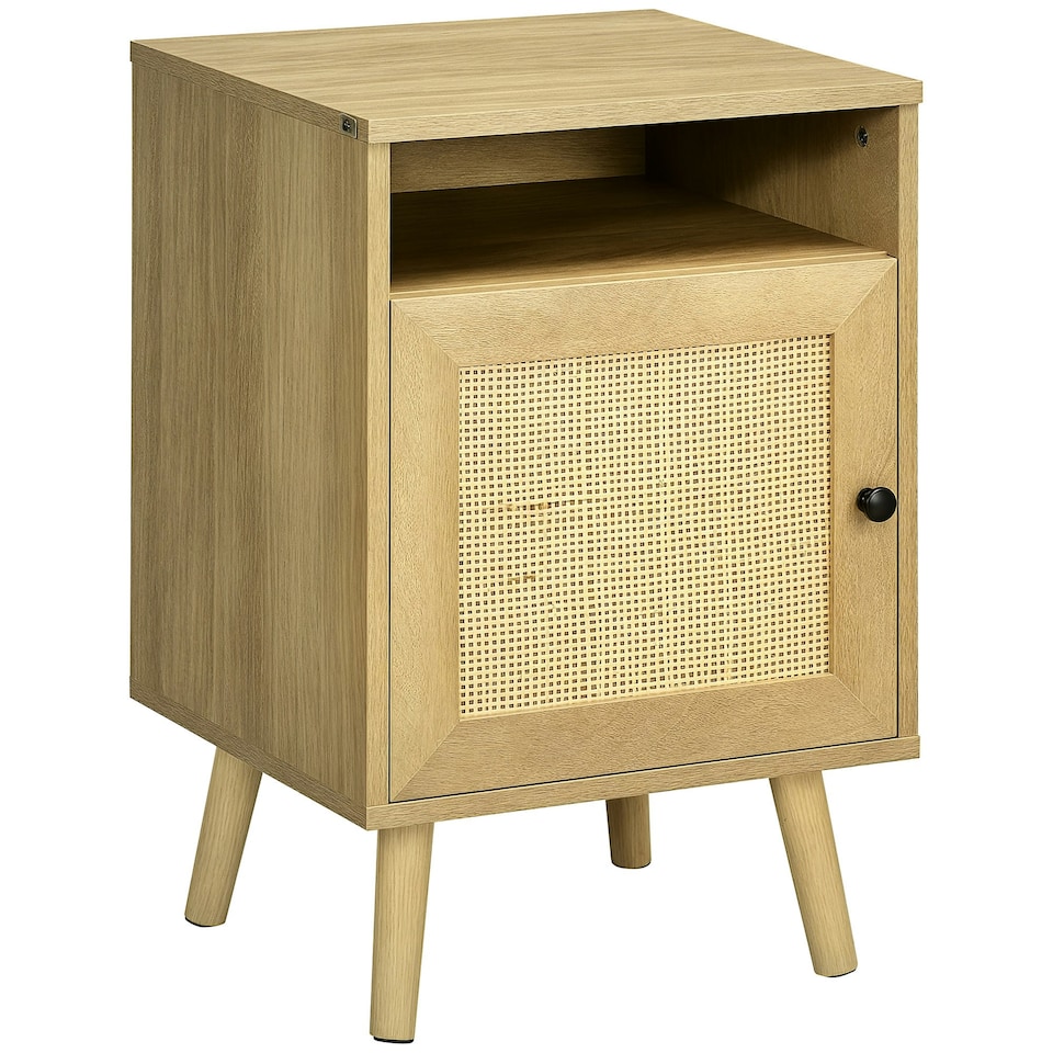 image 1 of HOMCOM Nightstand, Rattan Bedside Table w/ Cabinet, Shelf, Natural