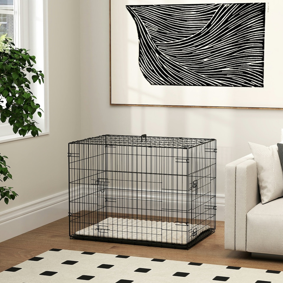image 1 of PawHut Dog Crate with Two Doors, Tray, Soft Cushion, for Small Dogs, Black