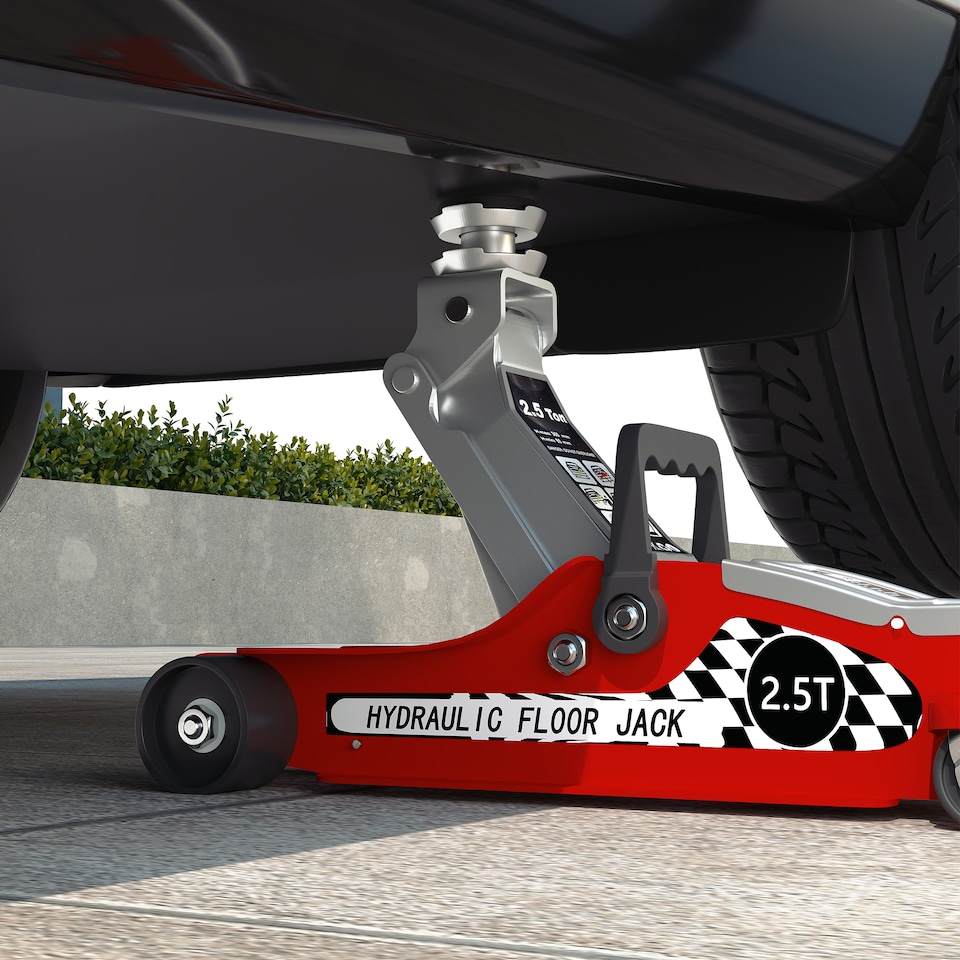 image 1 of HOMCOM Hydraulic Low Profile Floor Jack, 2.5 Tonne Heavy Duty Steel Trolley Car Jack Lift with 80-360 mm Lifting Range, Wheels, Top Handle, Red