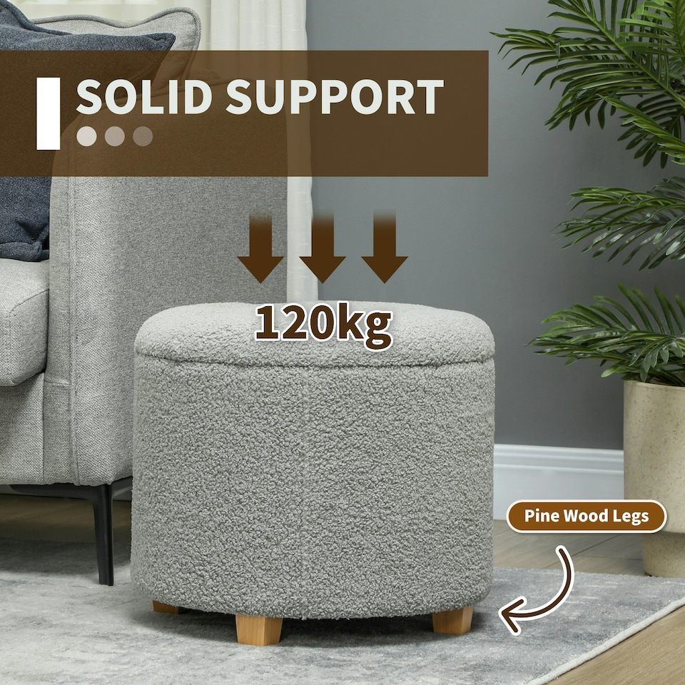 image 1 of HOMCOM 45cm Round Ottoman with Storage, Lid, Cashmere Footstool, Grey