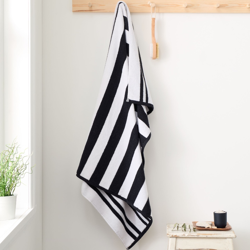 image 1 of Bianca Reversible Stripe Cotton Jacquard Bath Towel | Black | Bath towel