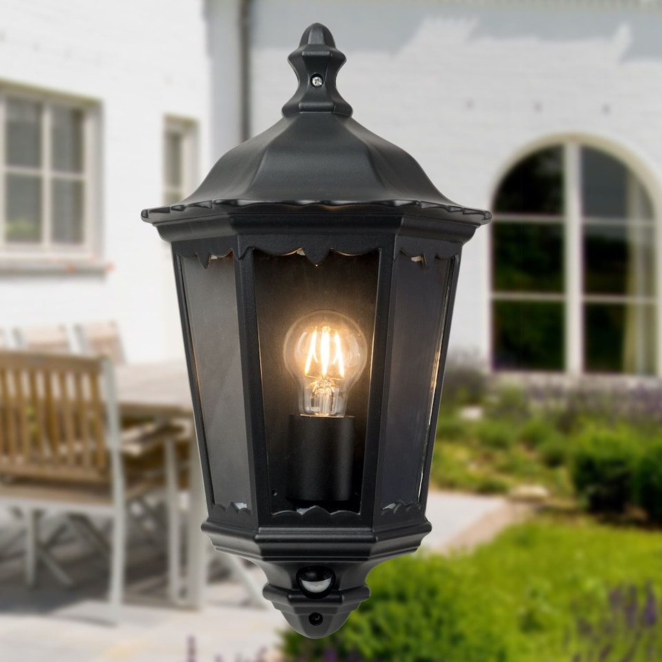 image 1 of Set of 2 Sienna - Black with Clear Glass IP44 Outdoor Half Lantern Wall Lights with PIR Motion Sensor | Black | Clear | 2
