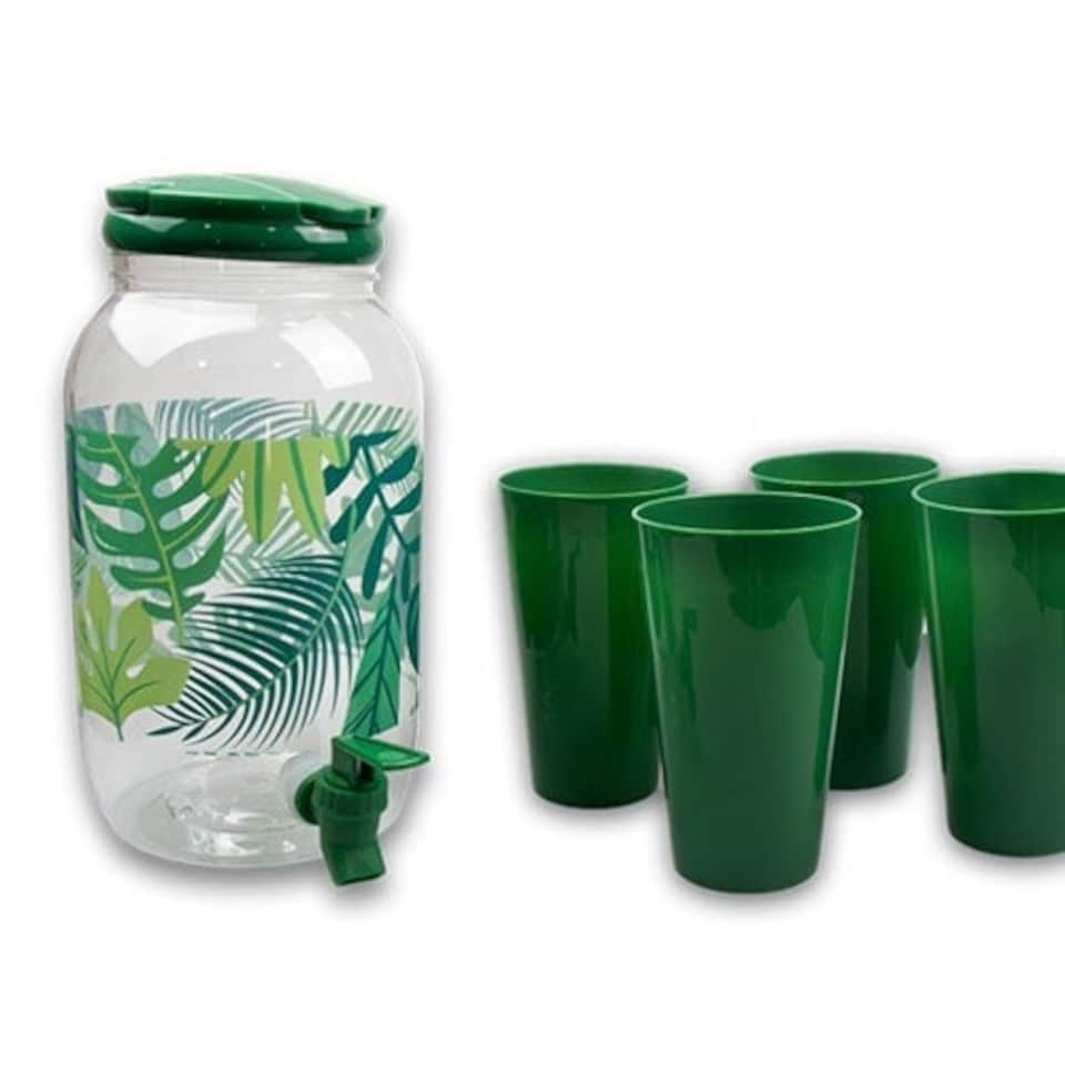Summer Party Green Leaf Design Reusable Plastic Drinks Dispenser with Matching Tumblers