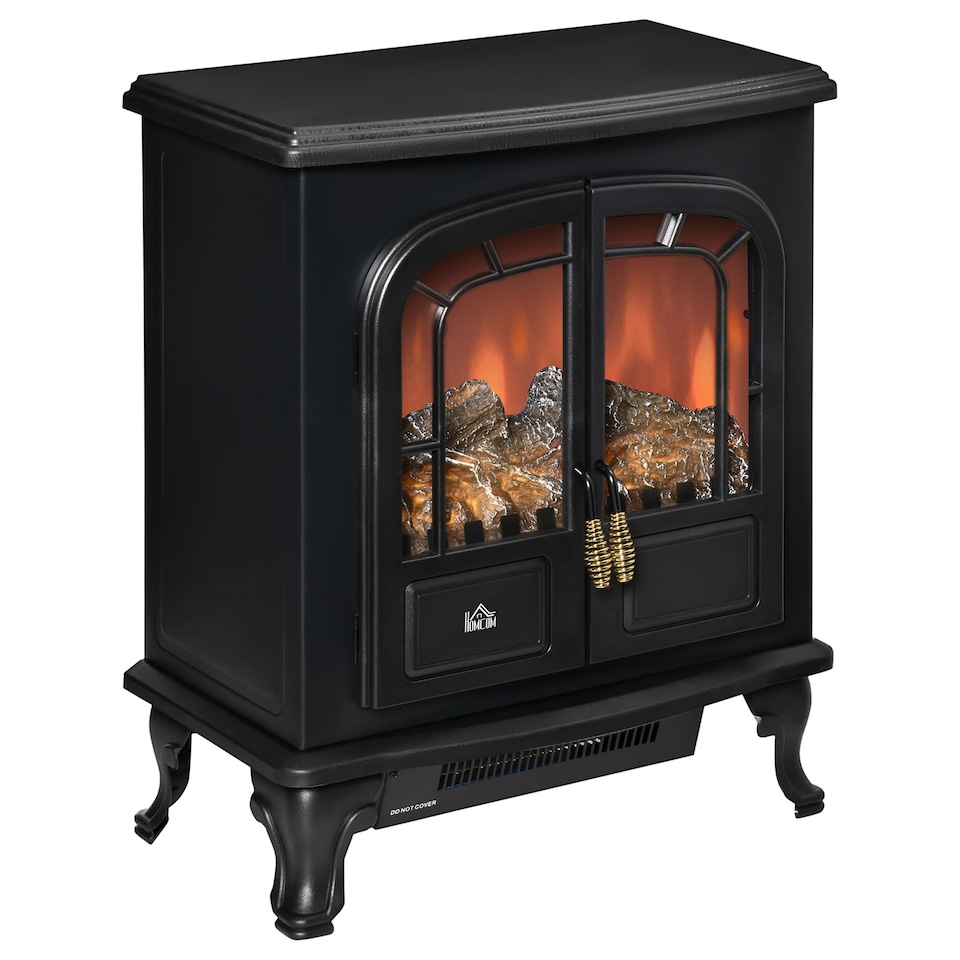 image 1 of HOMCOM Electric Fireplace Stove Heater with LED Fire Flame Effect, Double Door, Freestanding Portable with Overheat Protection, 1000W2000W, Black