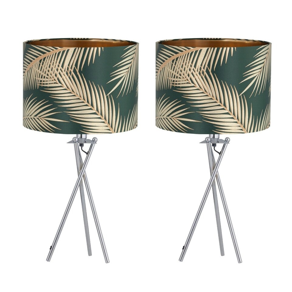 image 1 of First Choice Lighting Set of 2 Tropica Chrome Tripod Table Lamps with Dark Green and Gold Leaf Embossed Shade Chrome | Green