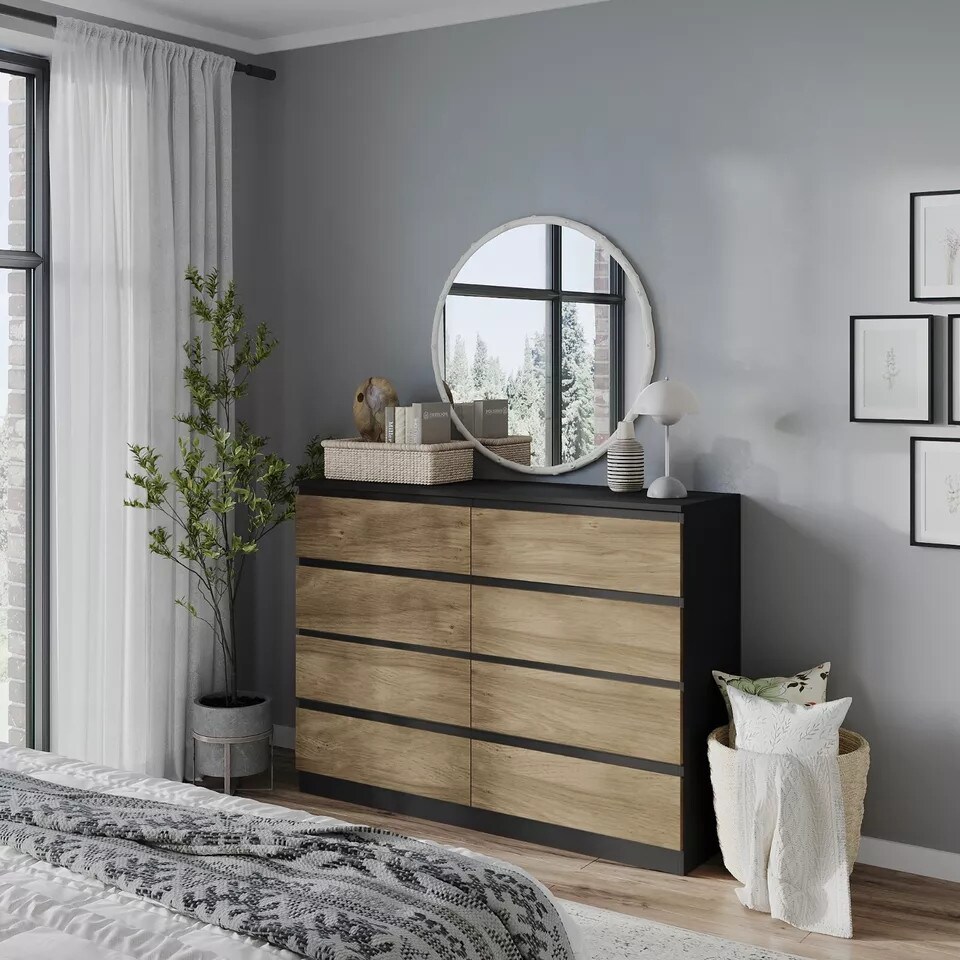 image 1 of Minimalist Chest of 8 Drawers - 88.3x120x35cm | Black | Black & Oak | 1