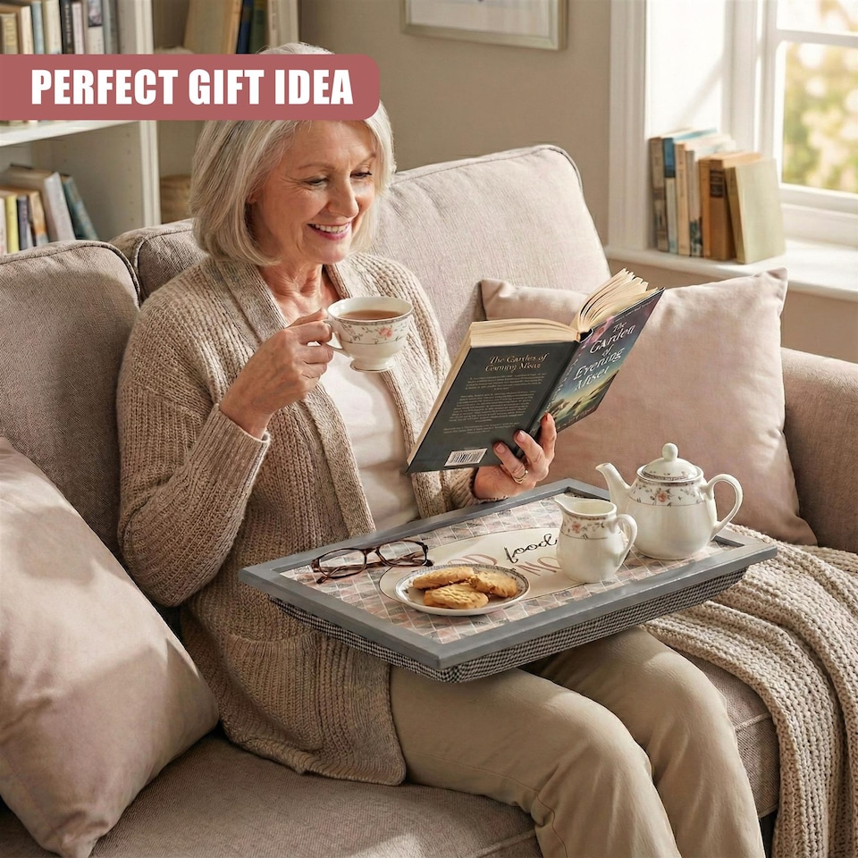 image 1 of GEEZY Good Food Good Mood Design Wooden Lap Serving Tray with Bean Bag Cushion 44x34cm