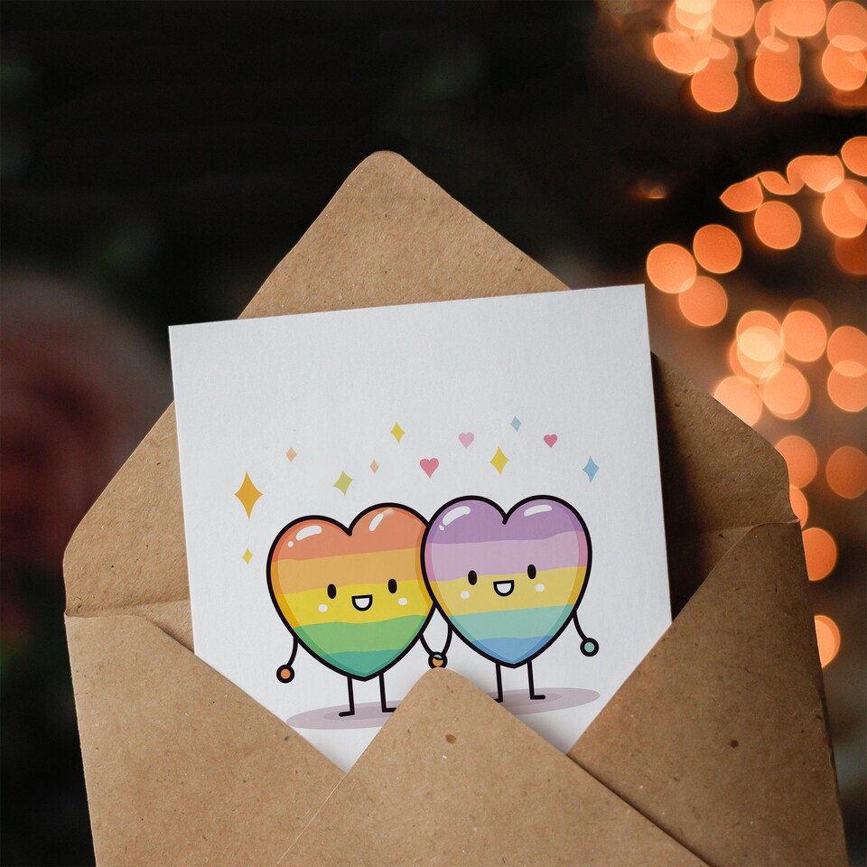 image 1 of Two Adorable Lgbtq Rainbow Kawai Hearts One Beat Valentine's Day Card
