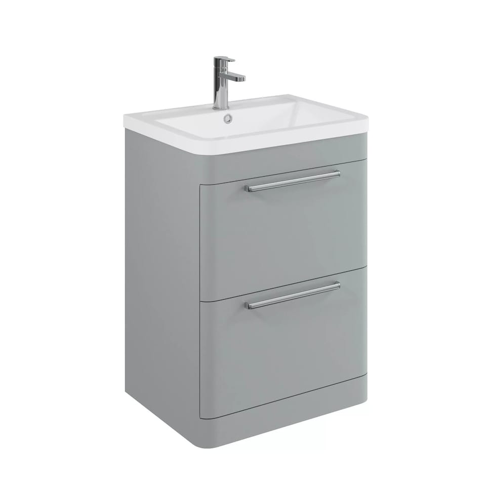 image 1 of Balterley Contemporary Bathroom Floor Standing Vanity Unit with 2 Soft Close Drawers & 1 Tap Hole Ceramic Basin, Satin Grey, 600mm