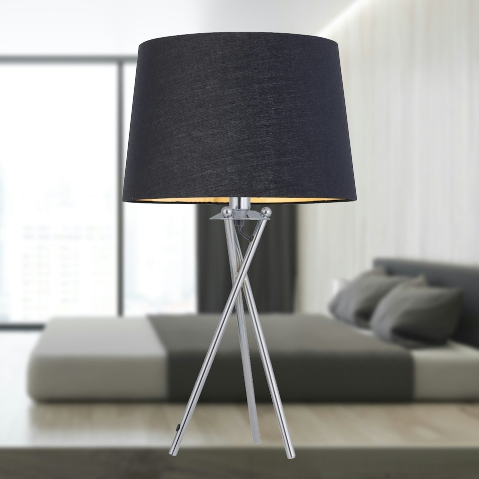 image 1 of Set of 2 Tripod - Chrome Lamps with Black & Gold Fabric Shade Chrome | Black