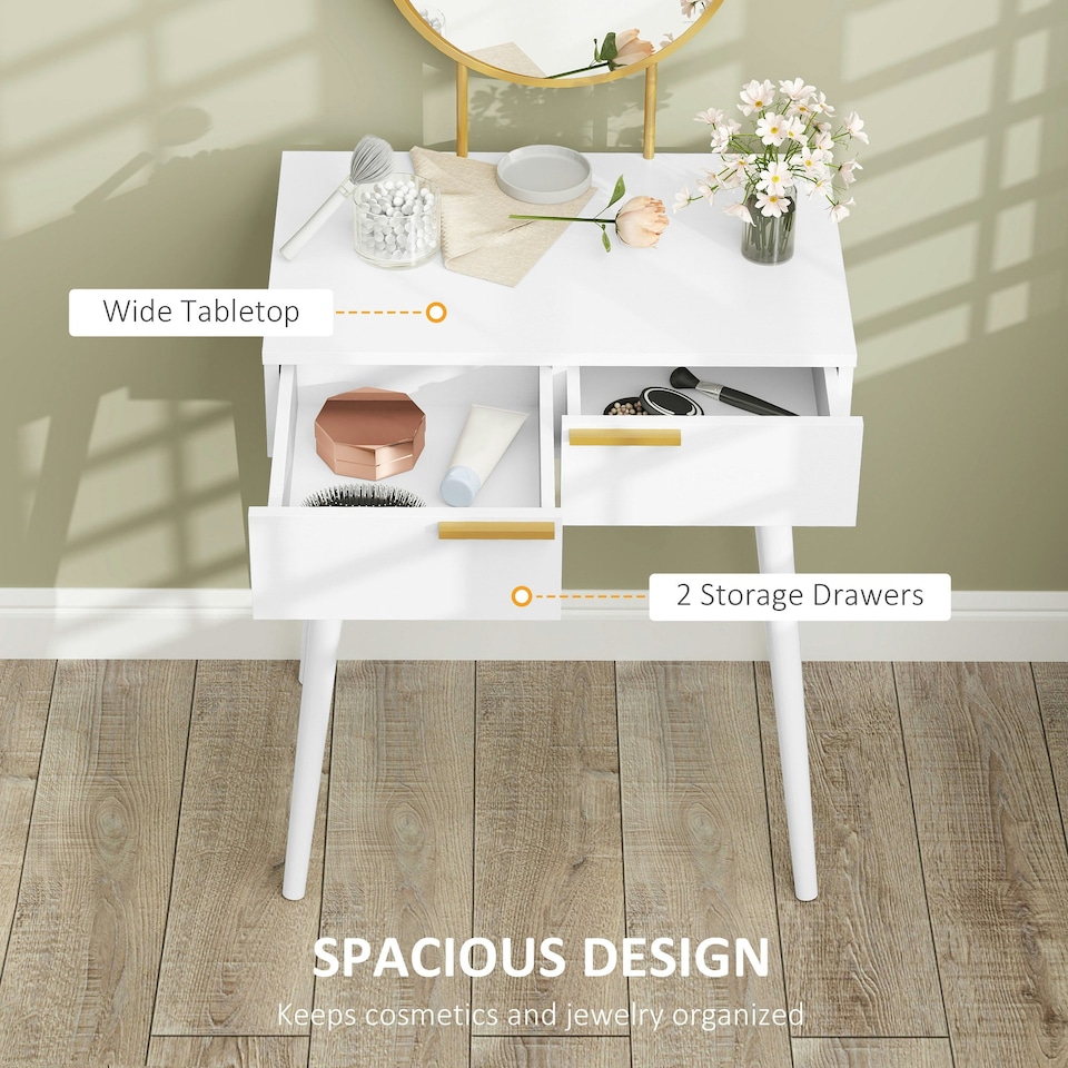 image 1 of HOMCOM Modern Dressing Table w/ 2 Drawers Round Mirror for Bedroom White White
