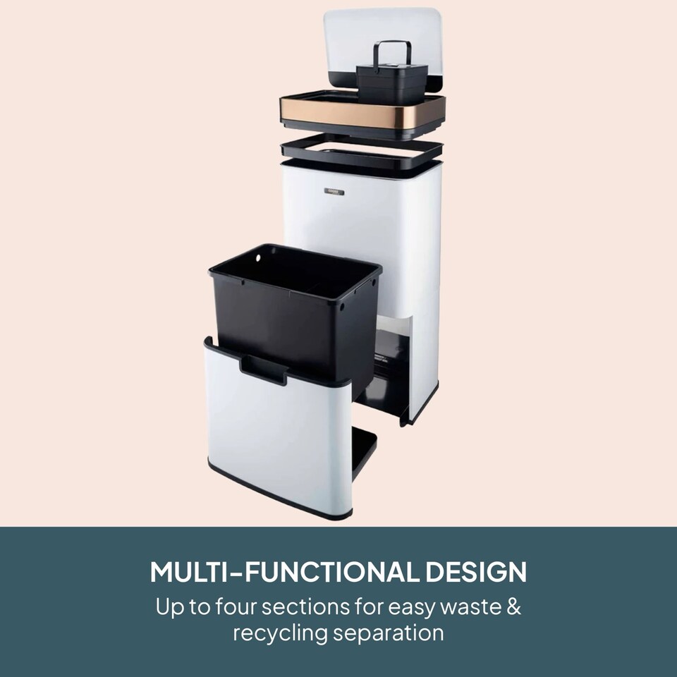 image 1 of Cooks Professional Recycling Sensor Bin 75L with Dual Compartments & Food Caddy | White | White & Copper
